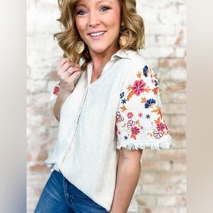 NWT umgee embroidered boho linen button down top